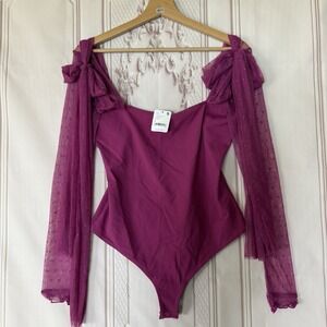 Free People Tongue Tied Mesh Detail Bodysuit Fuschia Size M NWT $68 Plz See